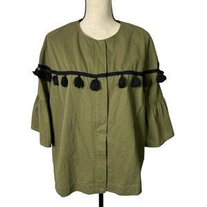Simply Be Jacket Women Size 18 Olive Green Cropped Black Tassel Trim Lightweight